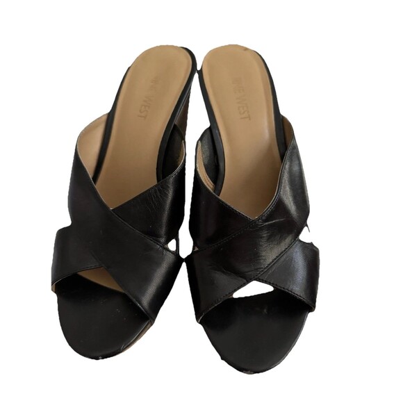 NINE WEST Likemer Black Leather Slip-On Wedge Platform Sandals - Picture 1 of 13